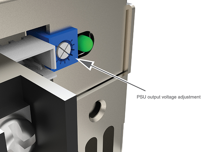 PSU adjustment screw location - labelled