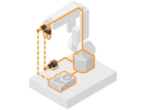 A six axis robot set-up. Lines connect the robot base, tool frame and part frame, forming a metrology loop using probes