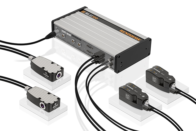 RLE300 laser unit, with 2 DI differential and 2 PMI plane mirror detector heads on white background