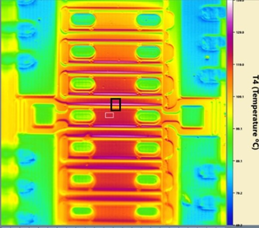 MWIR thermography image showing the temperature distribution in a GaN HEMT.