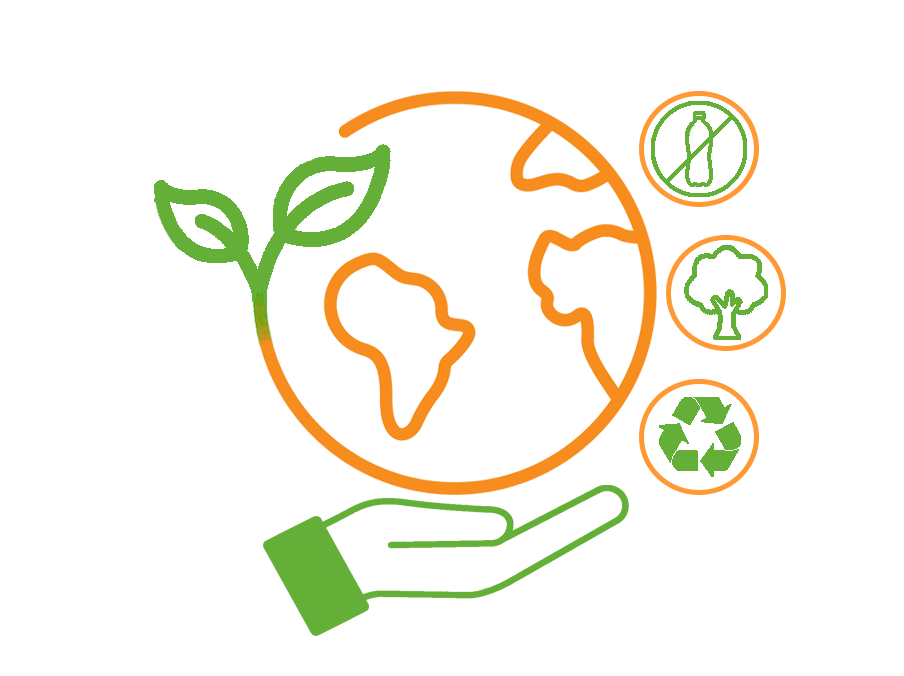 Computer graphic showing a hand holding a world with a green leaf growing, representing sustainability