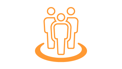 Orange icon of three people.