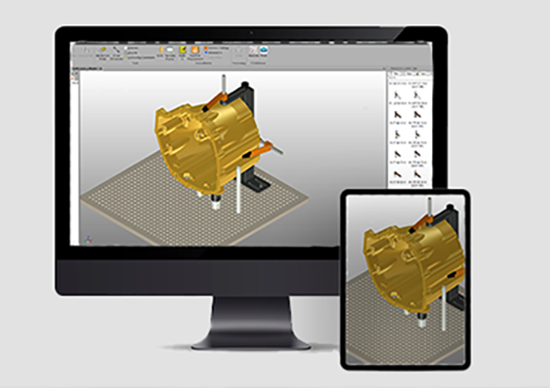 Oprogramowanie do modelowania trójwymiarowego FixtureBuilder wyświetlane na ekranie komputera i tabletu.