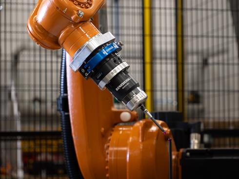 RCS R-PK1 radio probe mounted on a KUKA six axis industrial robot
