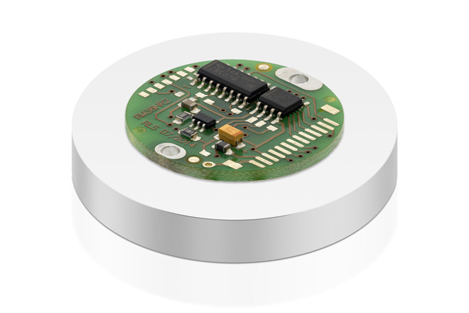 RMB30 magnetic encoder from RLS on a plinth with a white background