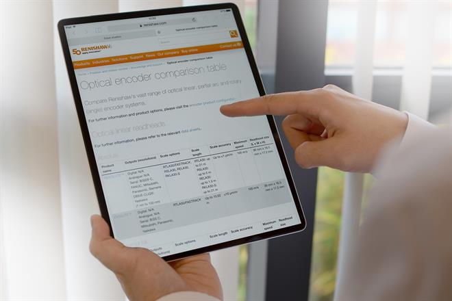 Optical encoders comparison table on a tablet screen with a hand scrolling